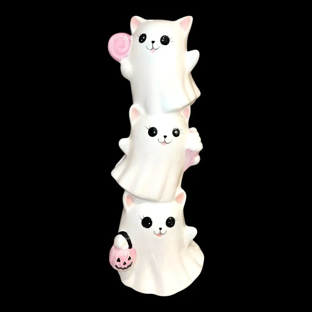 Cute Pastel Pink Halloween Ceramic Kitty Ghost Stack Figurine 13.5”H Tabletop